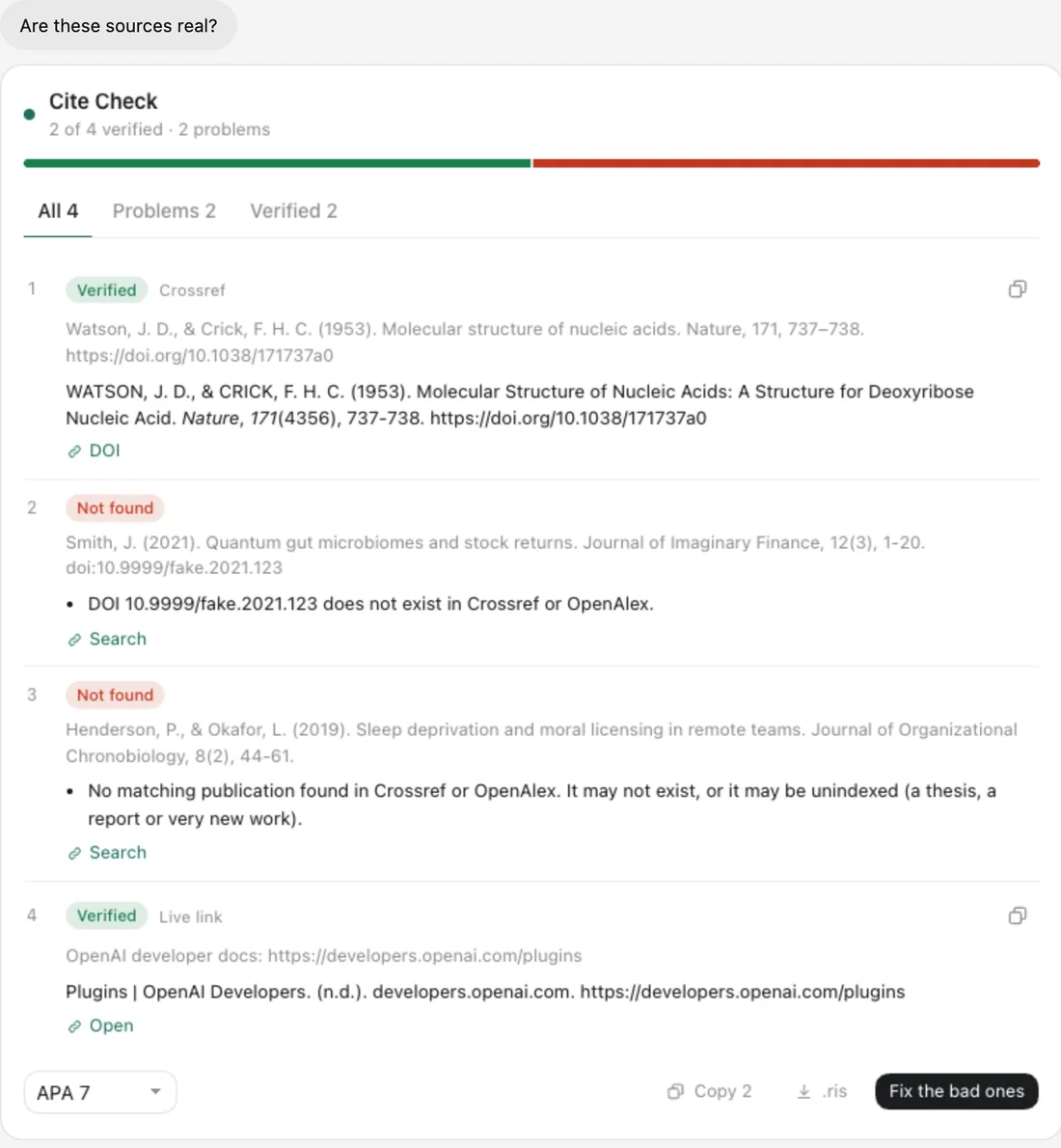 Cite Check in ChatGPT: Ask if the sources are real